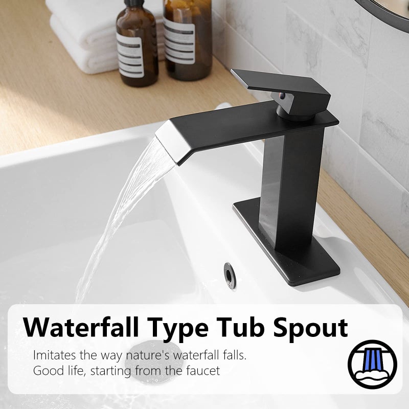 BATHLAVISH Matte Black Bathroom Faucet Waterfall Single Hole with Pop Up Drain with Overflow Matt Modern Single Handle Vanity Lavatory Sink 1 or 3 Hole Deck Mount - Image 2
